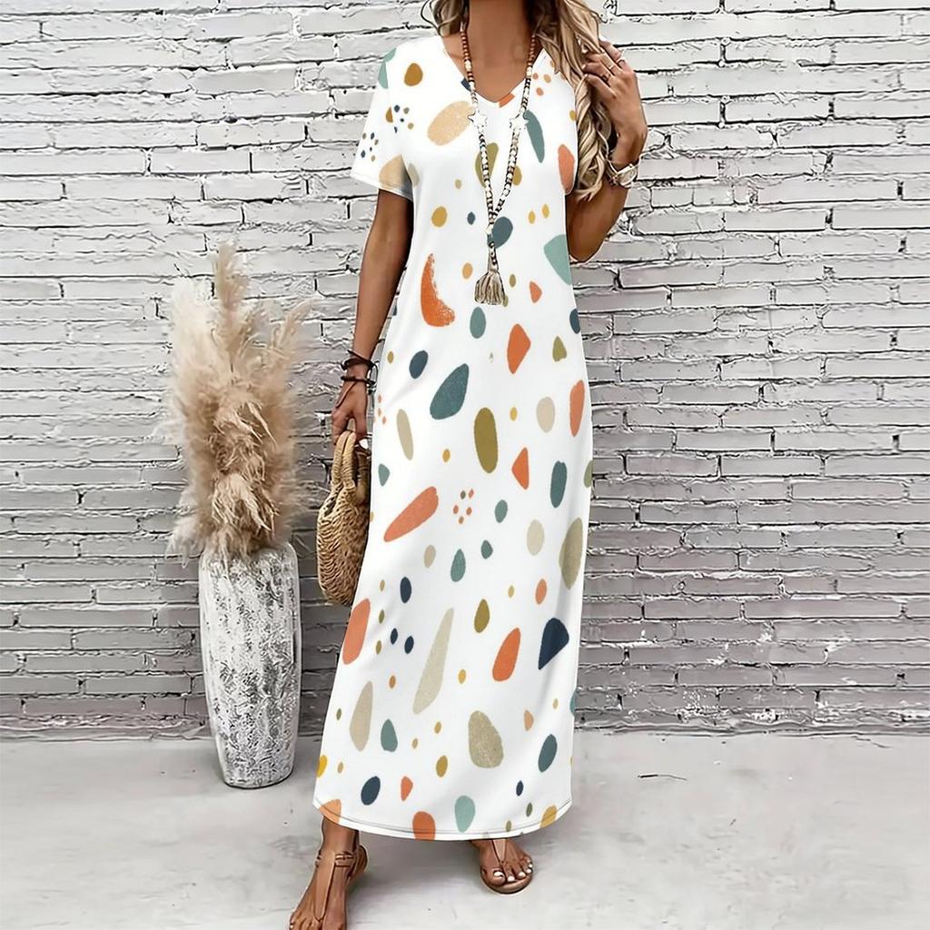 Women Plus Size V Neck Short Sleeve Printed Straight Maxi Dress