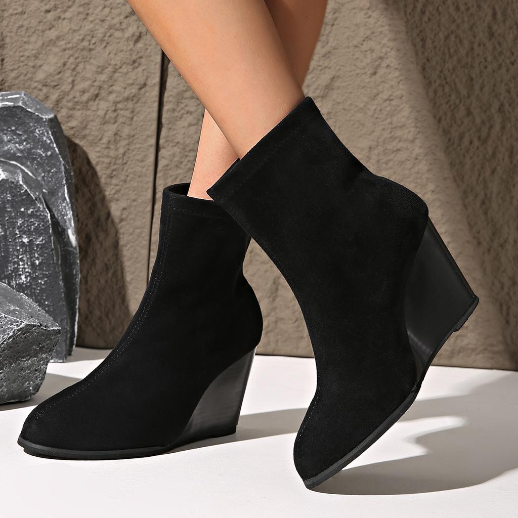 Fashion Solid Color Wedge Heels Ankle Boots for Women 2024 Autumn Fashion Slip On Black Booties Woman Plus Size Comfortable Short Boots