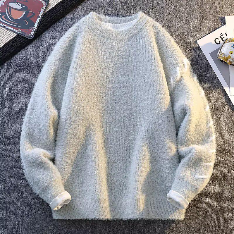 Men s Trendy Loose-Fit Round Neck Sweater, Winter Casual American Style XL серый