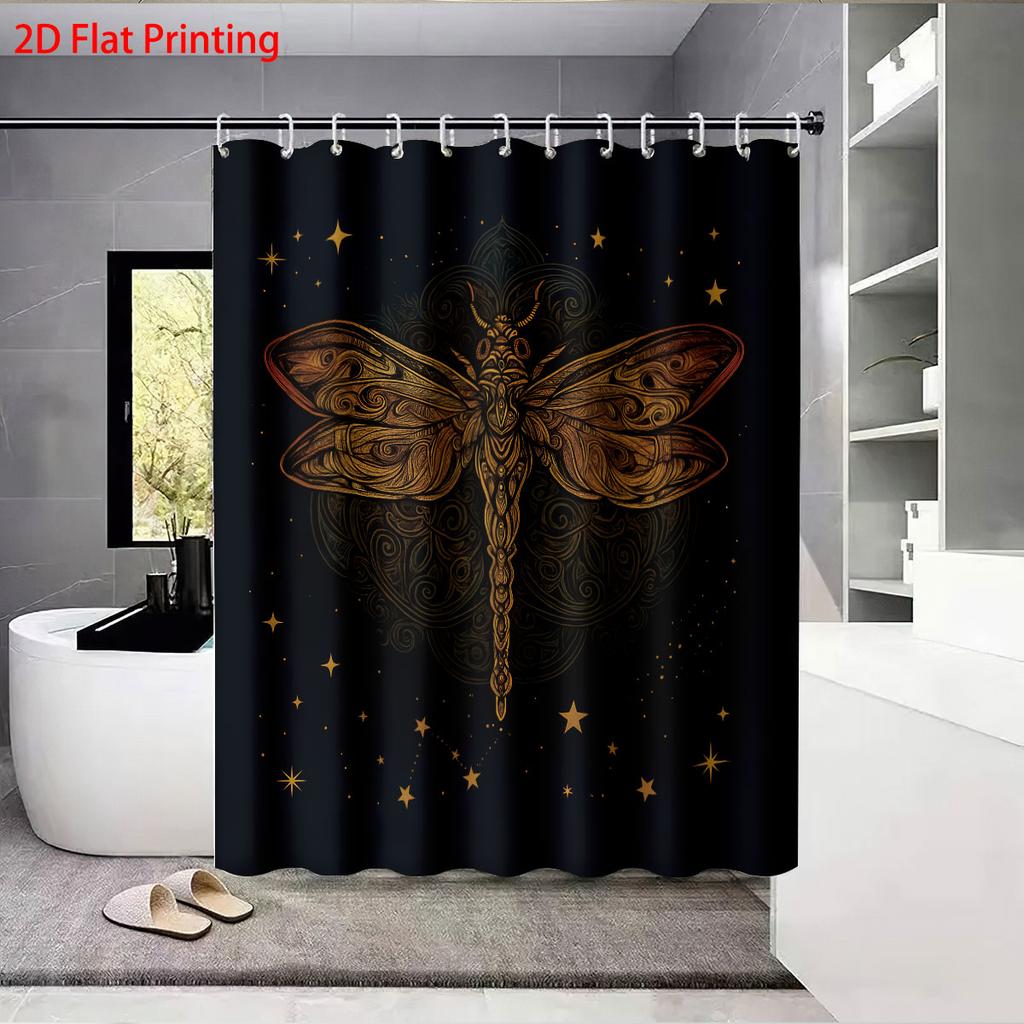1Pc Dragonfly Print Black Waterproof Shower Curtain Bathroom Partition Privacy Multiple Sizes 12 Hooks Easy To Install