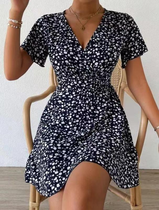 Women's New Summer Sexy Floral Lace-up Short Sleeve V-neck Dress