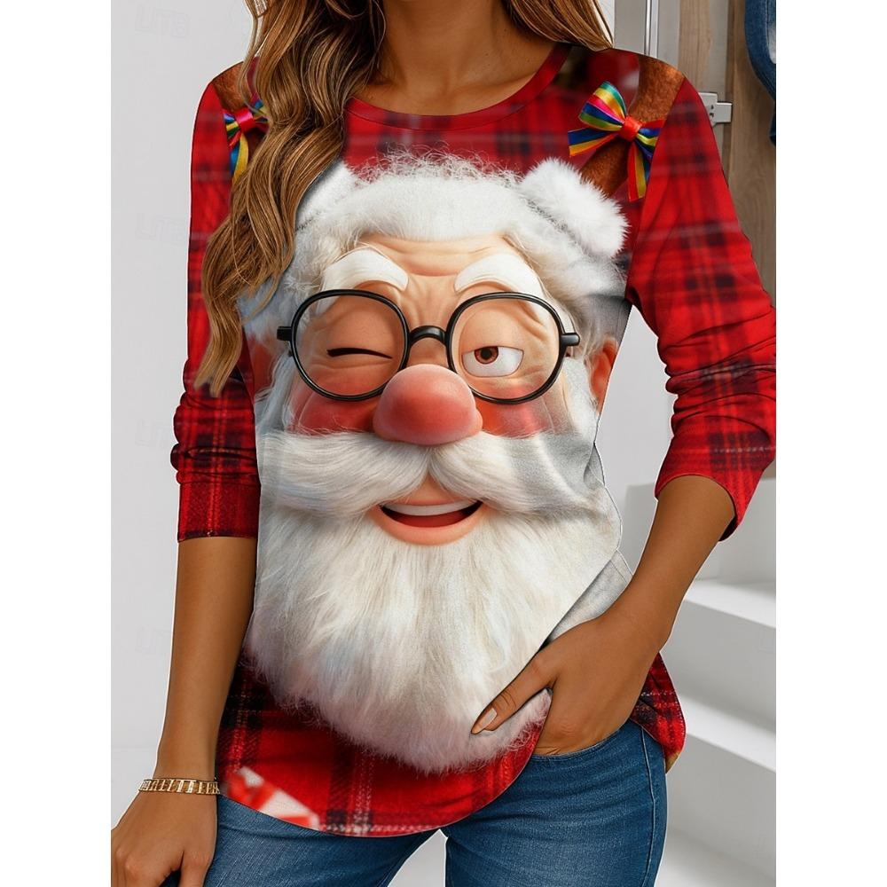Women's Santa Claus Printed Christmas Theme Crew Neck Long Sleeve T-shirt Casual Comfortable Polyester Christmas Party Pullover