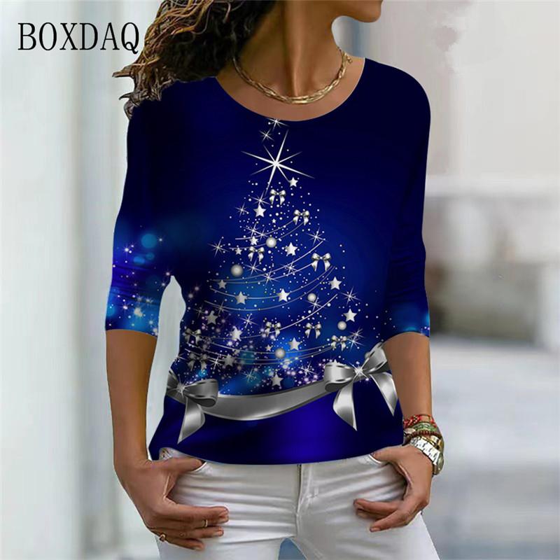 Christmas Tree Pattern Women 3d T-shirts Long Sleeve Christmas Style Street Fashion Ladies Tees Casual Cotton Tops Merry Year