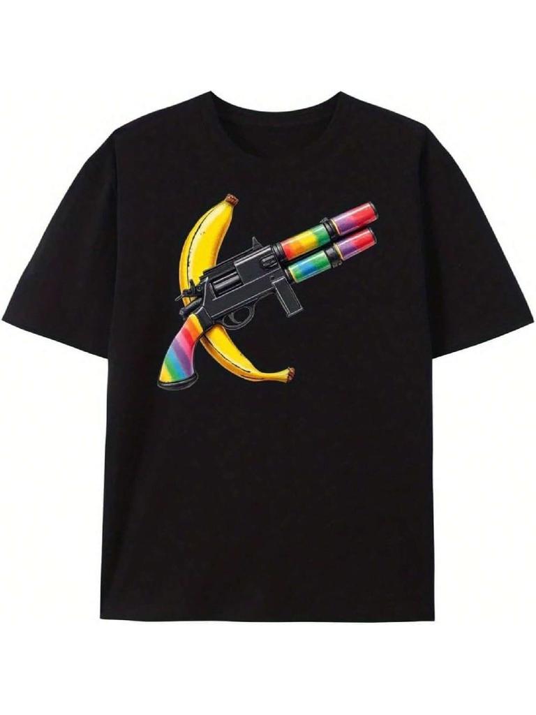 1pc Colorful Banana Gun Graphic Tee - Fun & Quirky Design, T-Shirt, Casual Unisex Shirt Printed Tshirts