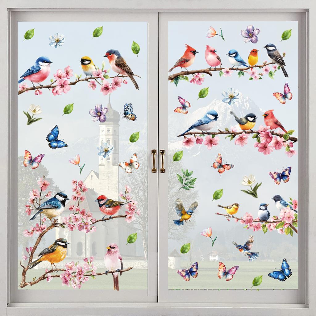 Frühlingsfensteraufkleber PVC statischer Aufkleber Kirschblüte Vogel Design für Wohnzimmer Fensterdekoration Glasaufkleber