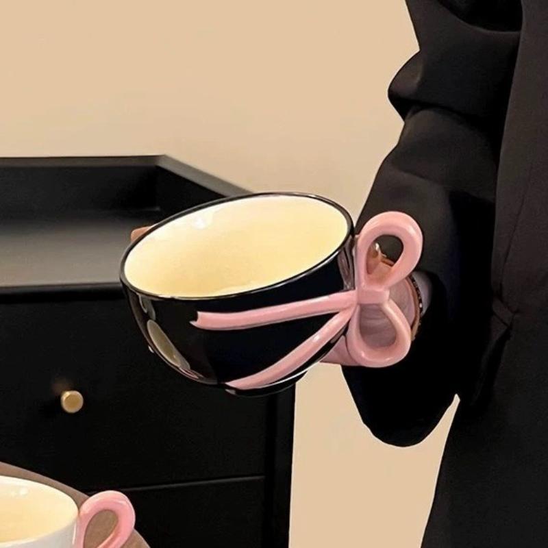 Ceramic Coffee Cup Cartoon Bow Handle Pink Ribbon Mug Afternoon Tea Accessories Girl's Gift Mugs Coffee Cups Birthday Present