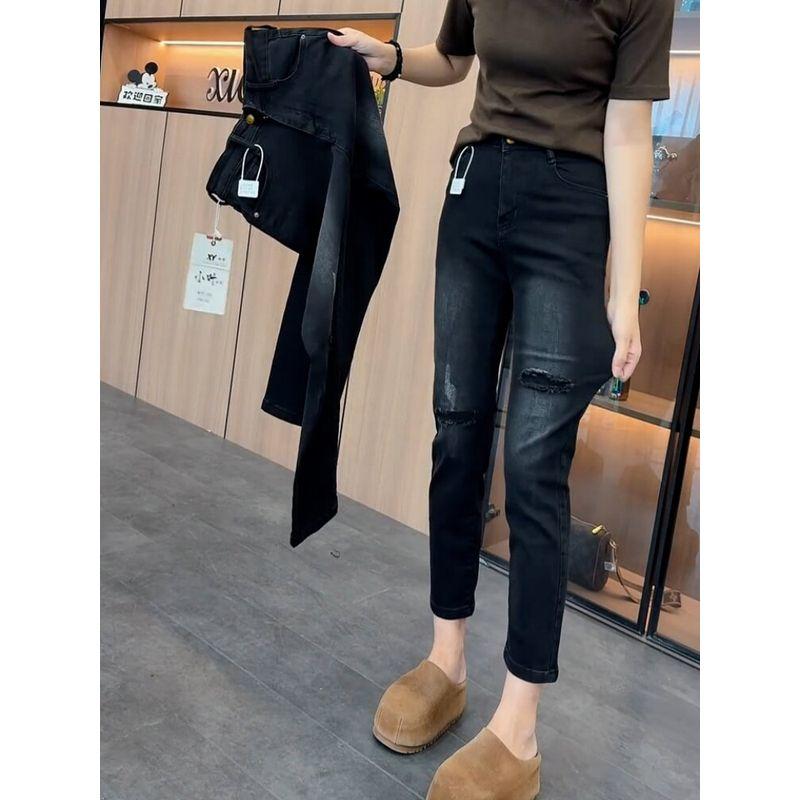and Gray Faux Ripped Straight-Leg Jeans for Women, New Spring and Autumn Style, Plus-Size, Slim-Fit, Stretchy, Flattering, Cropped Cigarette Pants