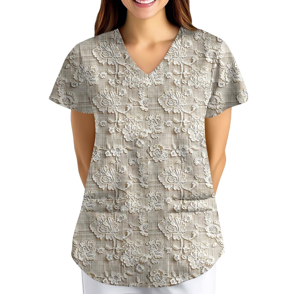 Nadměrná velikost Potištěný pracovní oděv Halenky pro dámský překřížený výstřih do V Potisk Krátký rukáv Zábavná trička Pracovní oděv Tričko s kapsami