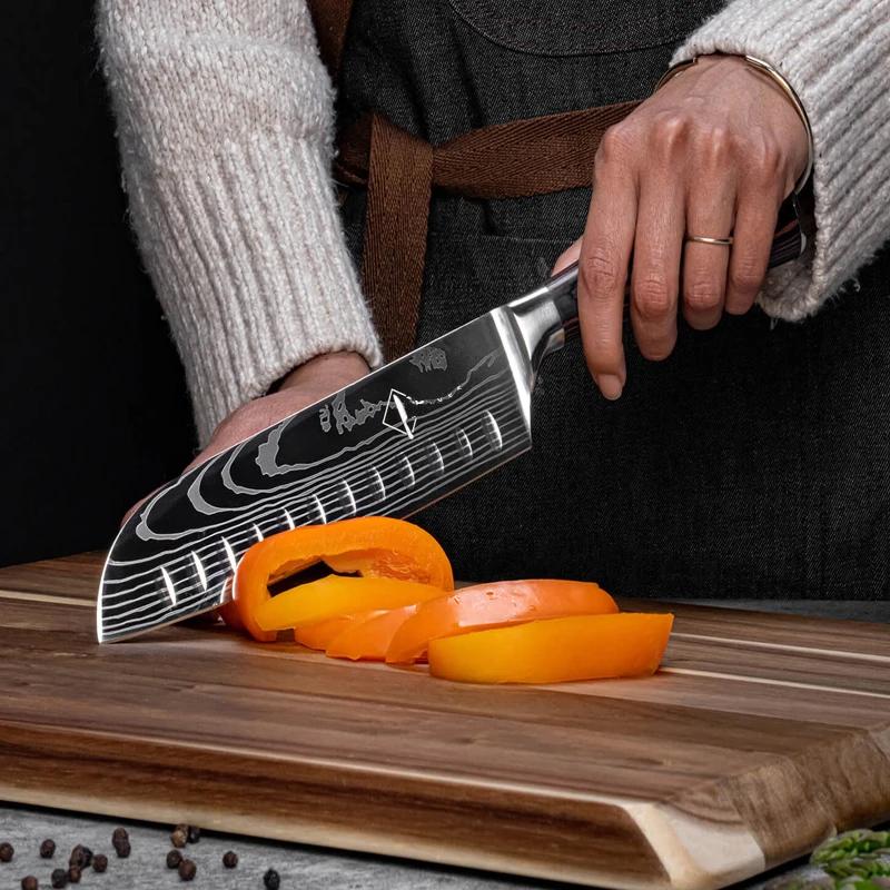 7inch Damascus Pattern Kitchen Knives Japanese Santoku Knife Meat Cleaver Fruit Slicing Knife Utility Knives Red Resin Handle