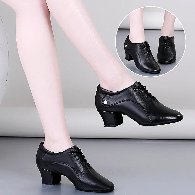 Women's Latin Dance Ballroom Corium Shoes Modern Jazz Dance Shoe Ladies Black Salsa Dancing Shoes Teacher Sports Shoe