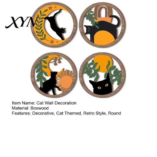 Black Cat Wall Decor 4Pcs 3D Boho Decoration, Round Wooden Hangings, Animal Star Sun Moon Layered Wood Hanging Botanical Decor, Plaque for Living Room