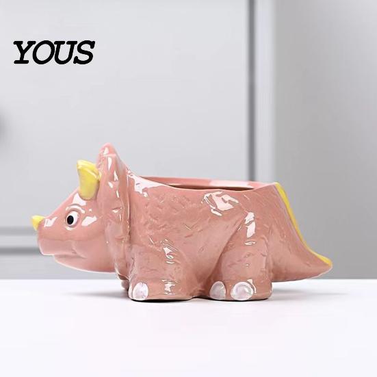 Small Plant Holder for Office Ceramic Dinosaur Planter, Cartoon Flower Pot with Drainage Hole, Cute Animal Dino Succulents, Indoor Outdoor Home
