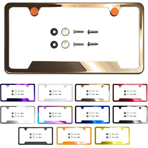 Bottom Corner Cut Out Version License Plate Frame Rose Gold Mirror Chrome Electroplating Universal Fit Aluminum Screw On Cap Cover, T304 Stainless