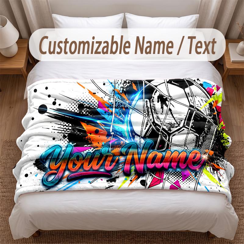 Soccer Theme Soft Blanket Personalized Custom Name Text Print Warm Blanket Home Sofa Bedroom Decor