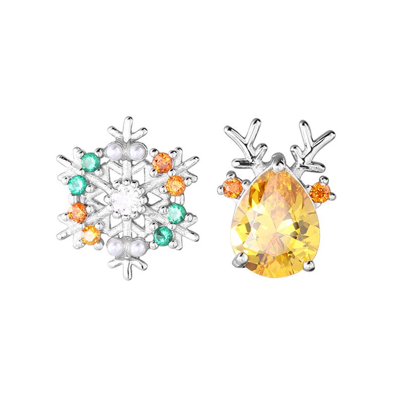 

Sterling Silver Snowflake & Reindeer Asymmetrical Crystal Stud Earrings for Christmas & Winter 925 Silver