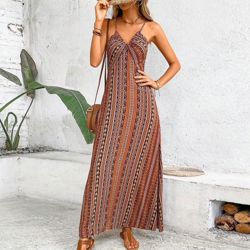 Damen Sommer Ethno Muster Rückenfrei Schlitz am Oberschenkel Kleid Damen Sommerkleidung Boho Mode Rüschenbesatz Langes Kleid für den Strand