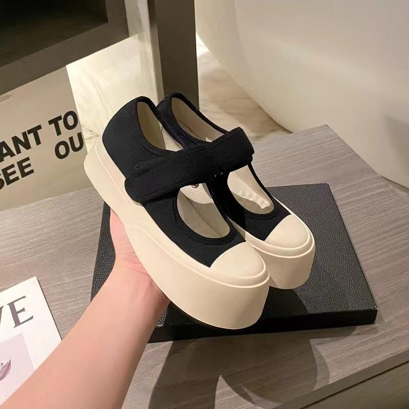 French Mary Jane Canvas Shoes Zhao Ruth Same Velcro Big Head Thick Sole Ugly Cute Little White Shoes Women's Summer Single Shoes
