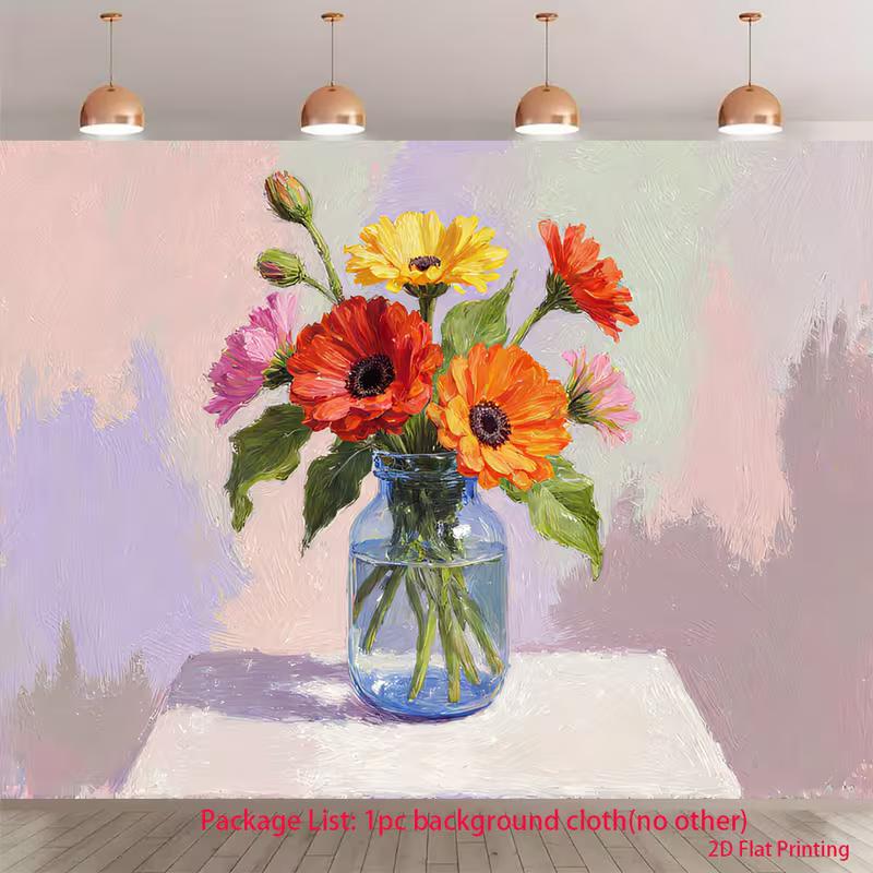 

2D Gerbera Daisy Flower Vase Oil Painting Photography Background Cloth 47.2x31.5inch/120*80cm