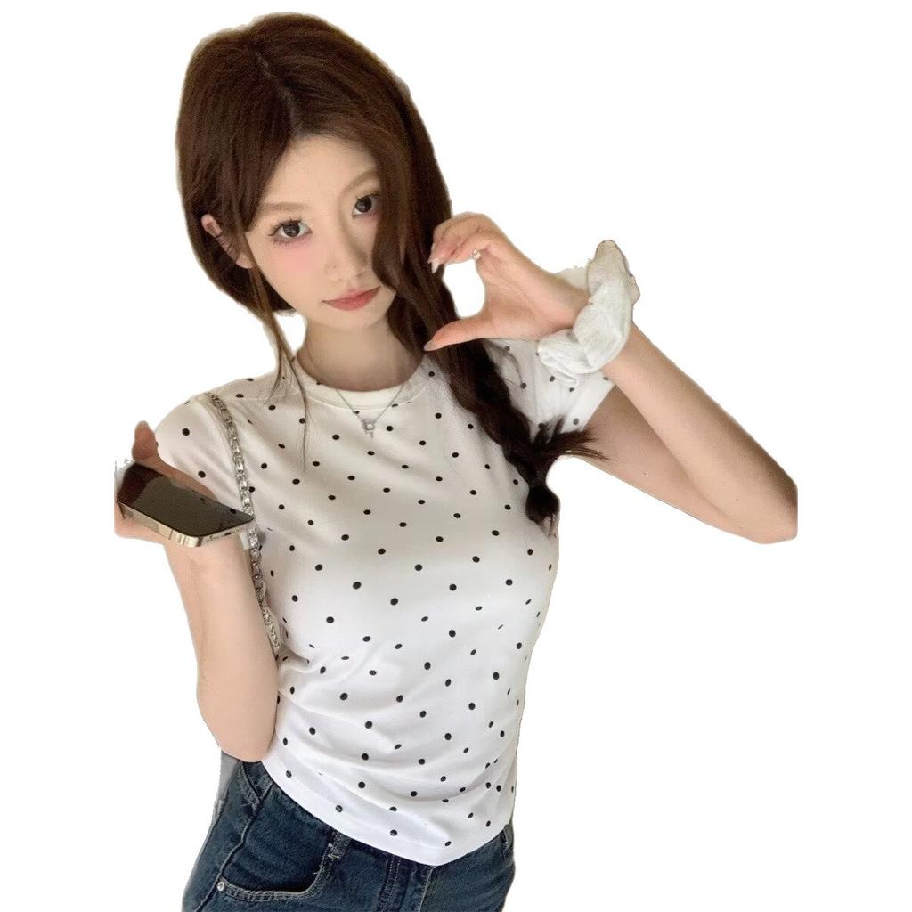 Student polka dot short-sleeved T-shirt women's summer new Korean slim and thin fashion versatile top tide