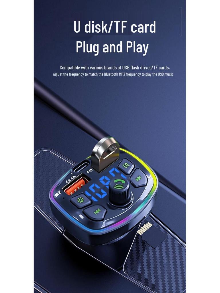 Q7 Car Bluetooth Charger with Fast Charge, Digital Display, Ambient Light, and TF Card Slot