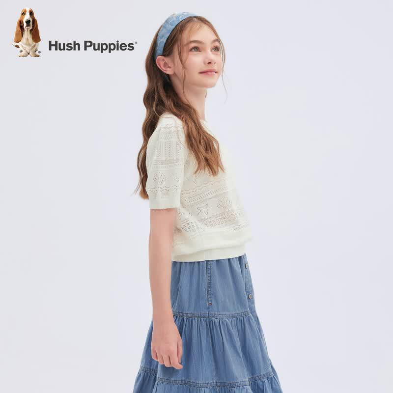 Hush Puppies Girls' Sweet Jacquard Round Neck Short Sleeve T-Shirt