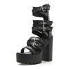 Gdgydh Women's Black Block Heeled Sandals Open Toe Buckle Strap Platform Pumps Goth Style Back Zipper High Heels Summer Shoes