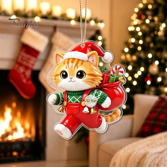 Christmas Stocking Tags Cat Pendant with Hanging Rope, 2D Flat Acrylic Ornament for Xmas Tree Cute Kitty Decor Decoration, Holiday Decor, Party