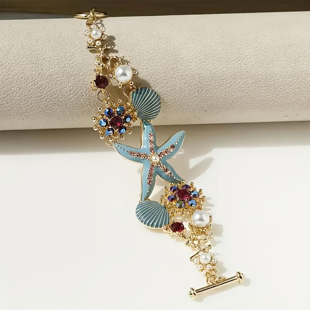 1PC Bohemian Beach Bracelet with Starfish, Coral and Shell Jewelry - Gold KC Plated Nautical Jewelry, Blue Pink Crystal