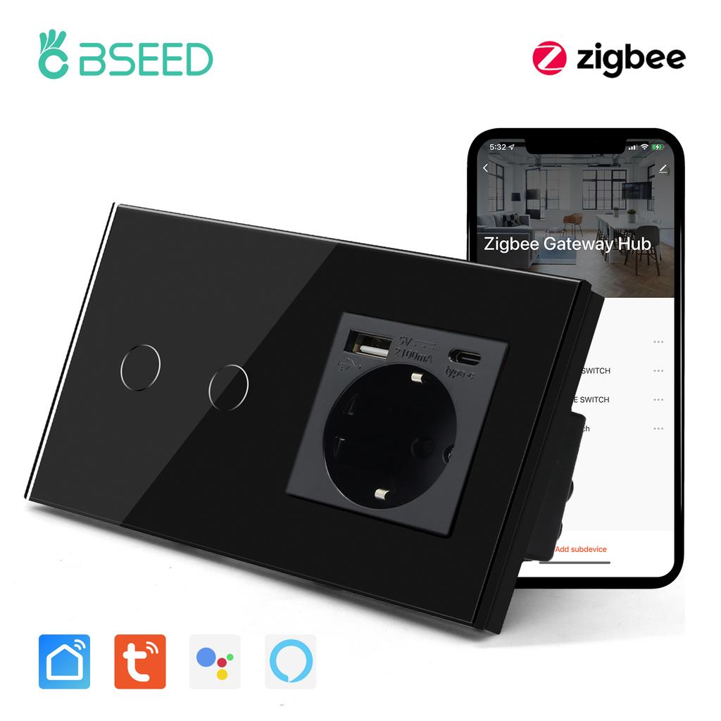 BSEED Zigbee 1/2/3Gang Wall Touch Switches With Normal EU Socket USB Type-C Ports Tuya Smart Life App Ccontrol Glass Panel