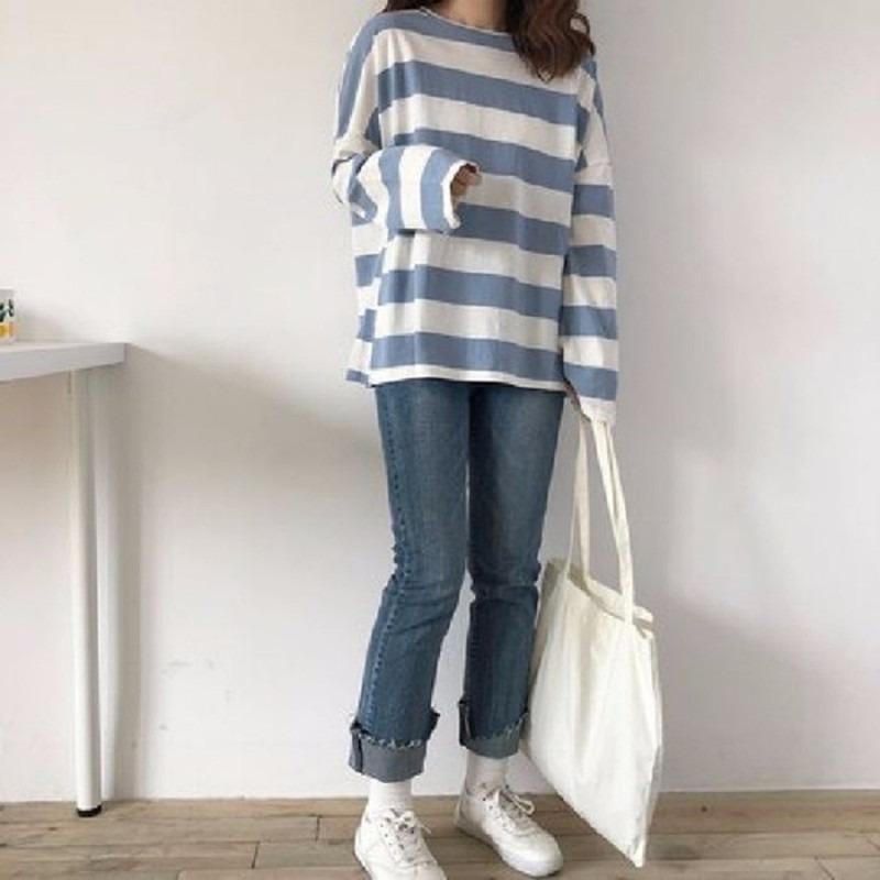 Striped Top Long Sleeved Casual T-shirt for Women