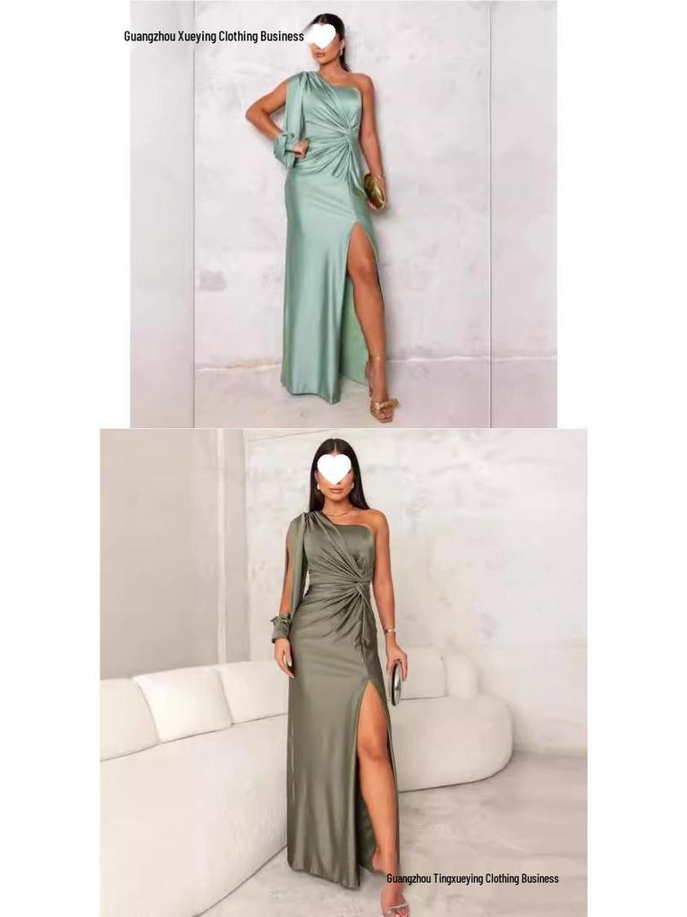 New Women's One-Shoulder Raglan Sleeve Pleated Waist Slit Sexy Long Dress