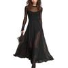 Women's Black Long Sleeve Sheer Mesh Panels Round Neck Maxi Dress