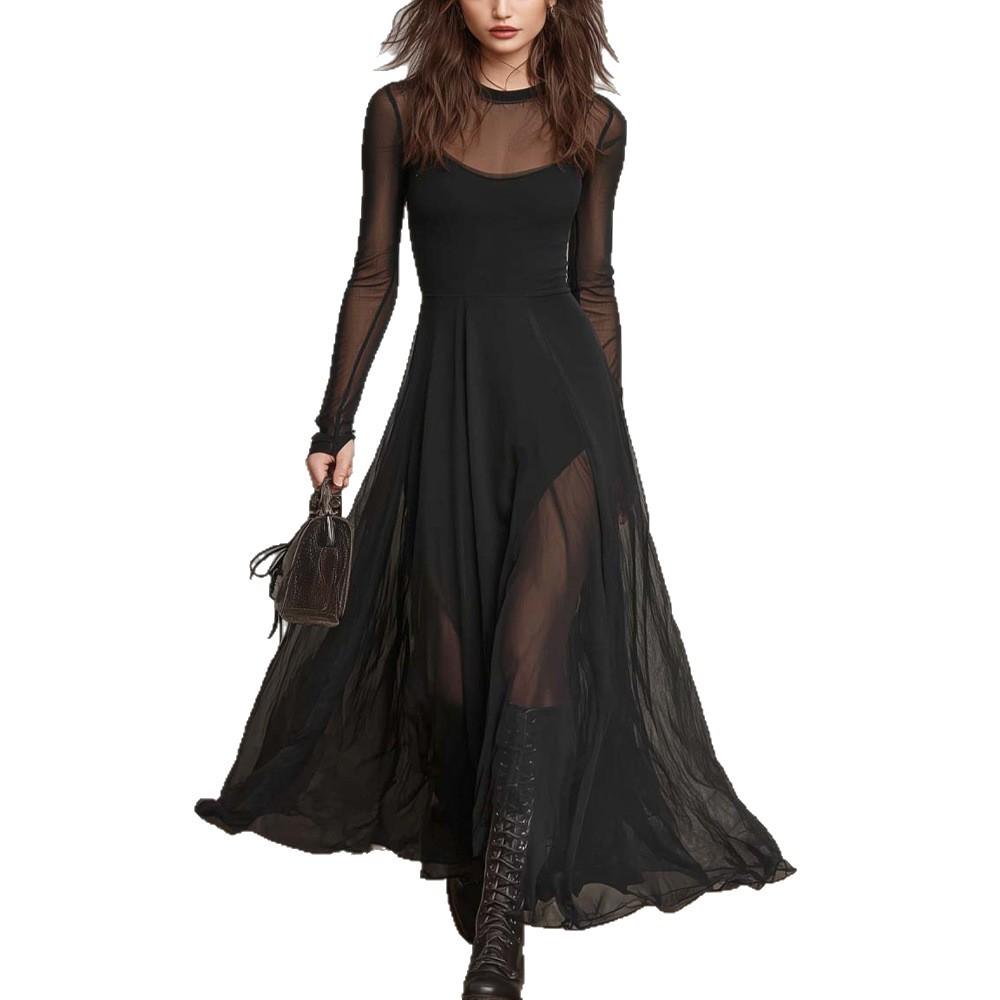Women's Black Long Sleeve Sheer Mesh Panels Round Neck Maxi Dress