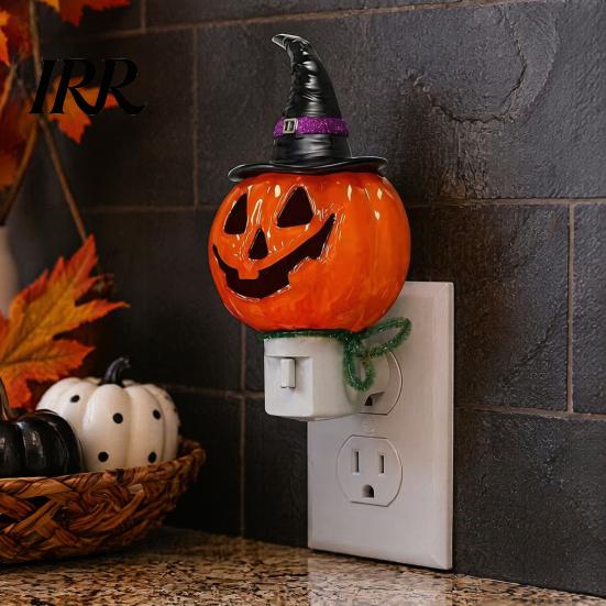 Decorative Wall Light Halloween Pumpkin Ghost Night with Witch Hat, Resin Soft Glow Plug-in LED Bedroom Light, Spooky Sconce for Party Home