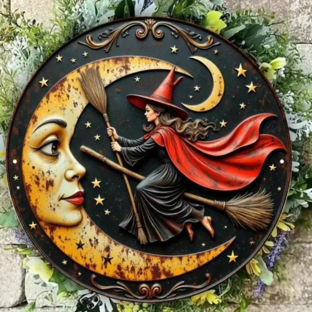 Witch on Moon Broom Ride Retro Metal Wall Art Plaque Decor