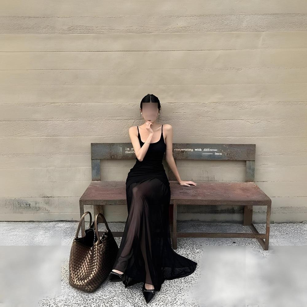 Temperament Dress Women's Summer Vacation Style Seaside Wear Suspender Long Dress Mesh Splicing Skirt