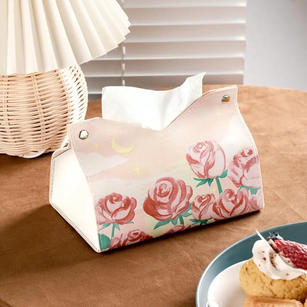 High Quality Oil Painting Tissue Case with Buttons Smooth Napkin Holder Leather Printing Paper Towel Box Home