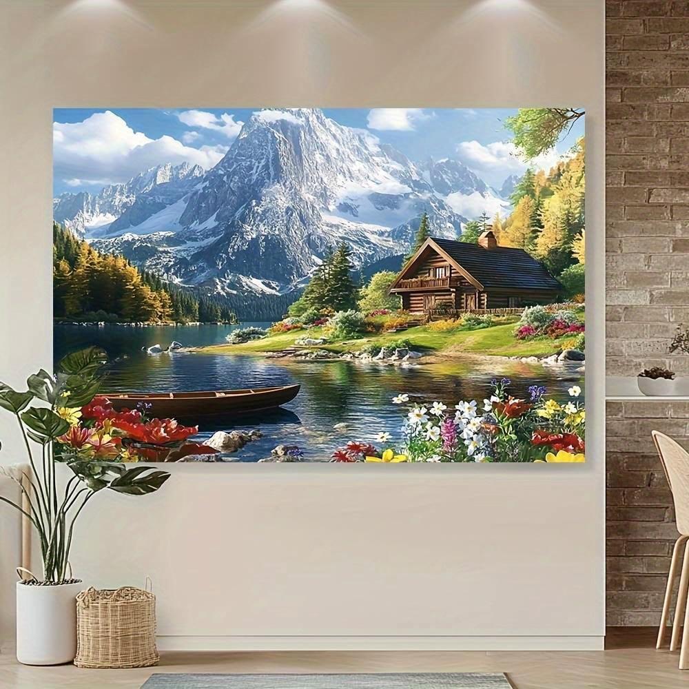 Mountain Lake Tapestry, Cozy Cabin by Serene Lake with Snowy Peaks, Scenic Landscape Wall Hanging for Home Dorm Background