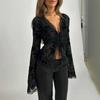 European Style Women's Chiffon Lace-up Ruffled See-through Top