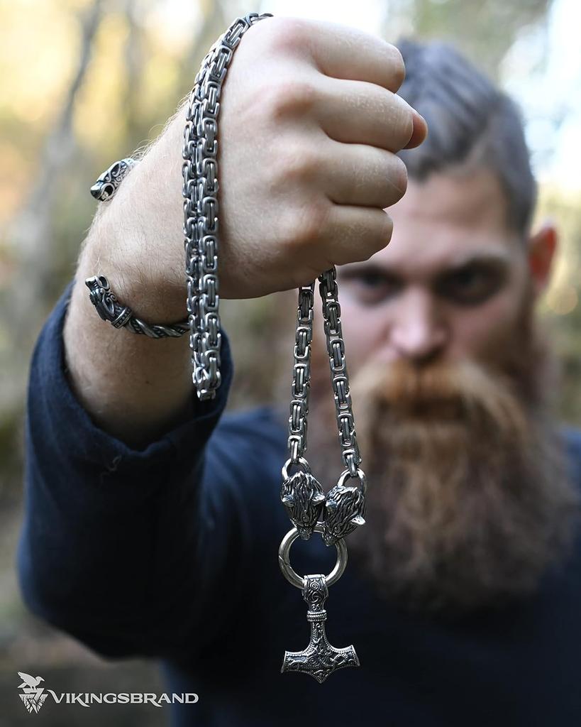 Collana Martello di Thor Vikingo Fatta a Mano in Acciaio con Teste di Lupo Ciondolo Mjolnir Gioielli Norreni per Uomo