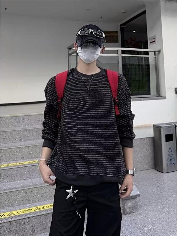 Unisex Oversized Striped Crewneck Sweatshirt - Trendy Autumn/Winter Couple's and Student Class Top