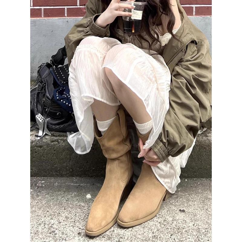 Cowhide Version~ Ruth Zhao Pointed Pile Boots Short Boots High Heel Retro Western Knight Boots Middle Boots