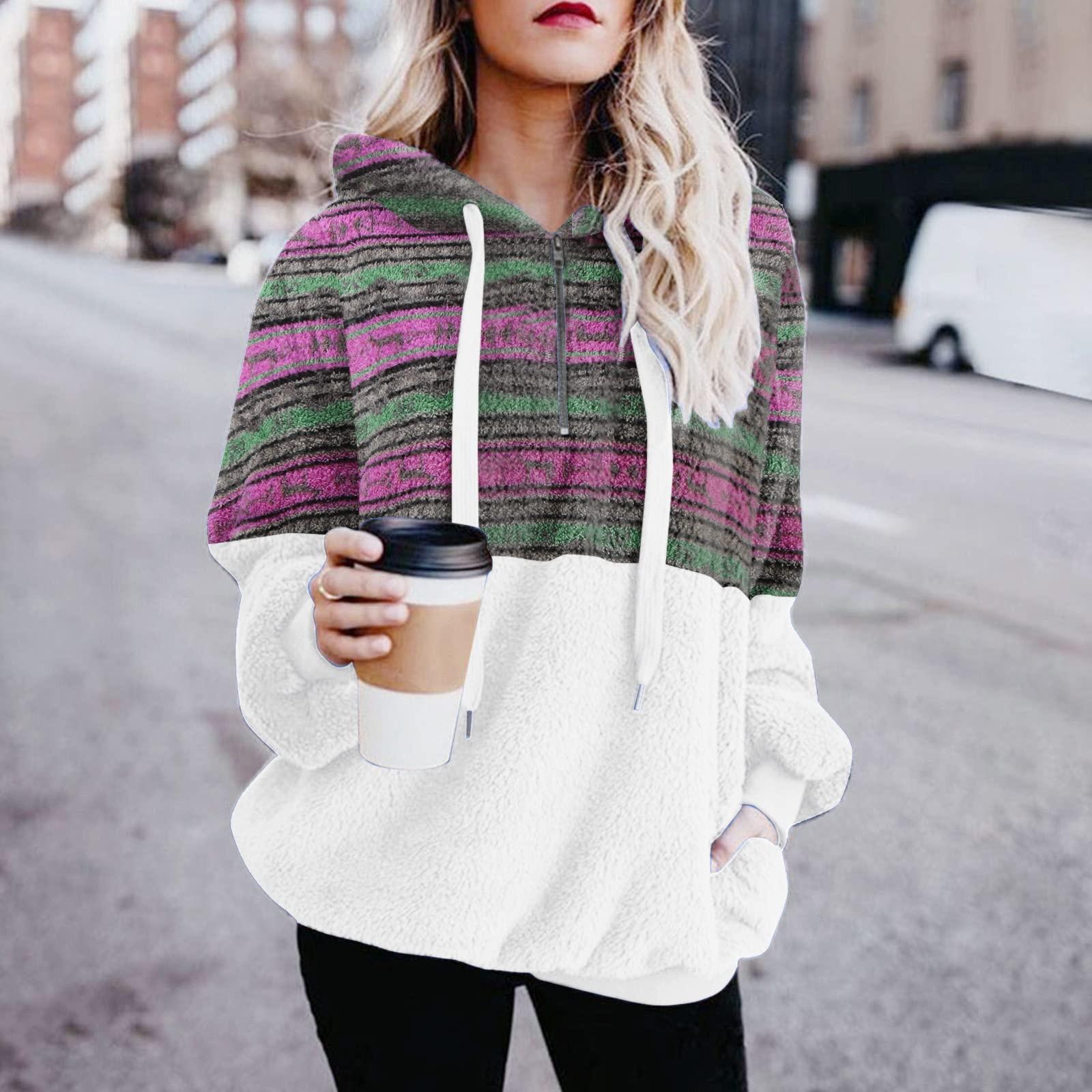 

Женская мода цветных блоков с капюшоном в стиле пэчворк с длинным рукавом на молнии плюшевая толстовка XL фиолетовый