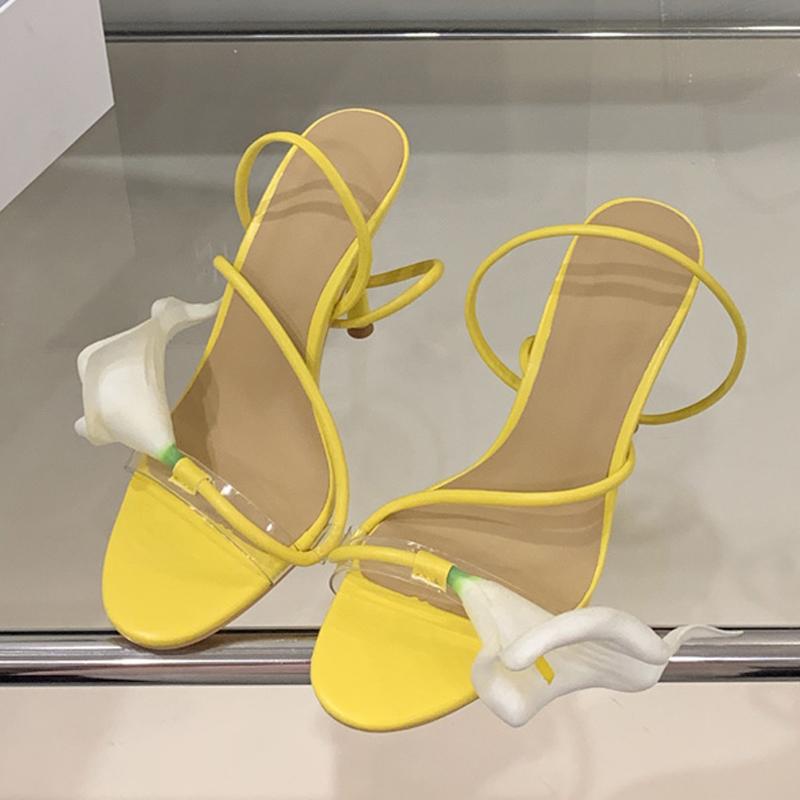 Summer Fashion Morning Glory Open Toe Slip On Back Strap Sandals Women Green High Heels Wedding Prom Shoes Zapatos Mujer