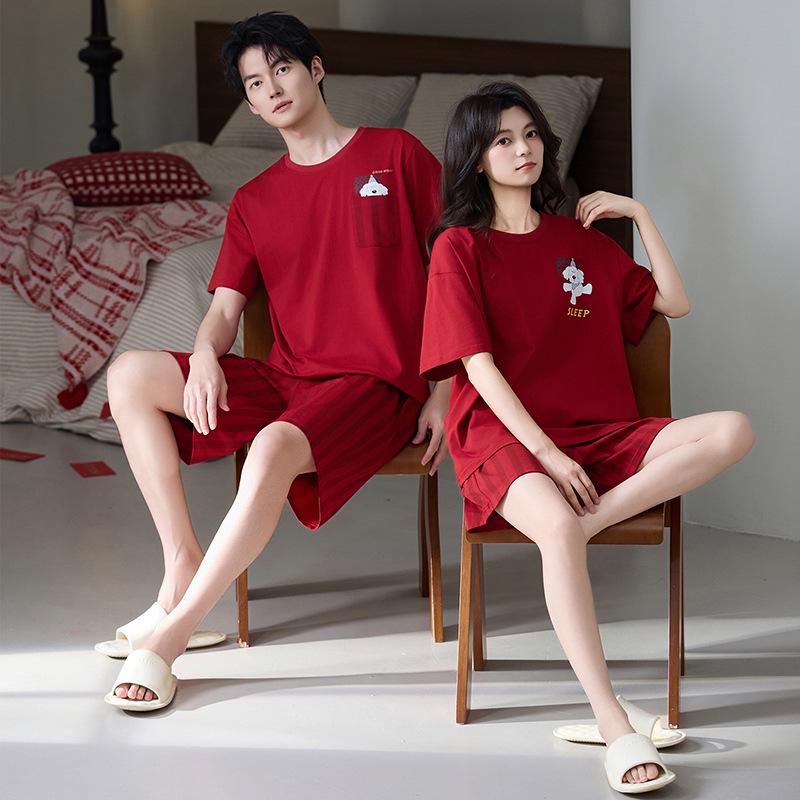 Rotes Baumwoll-Stretch-Pyjama-Set für Paare - Kurzarm, Rundhalsausschnitt, Sommer-Haus- & Outdoor-Bekleidung