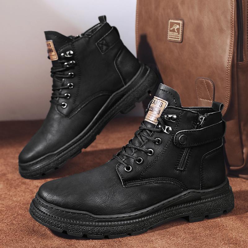 Male Warm Plush Fur Winter Boots Classic Leather Men Ankle Boots Lace-Up Non-Slip High Top Shoes Punk Style Man Motorcycle Boots