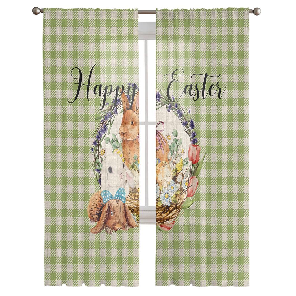 Easter Bunny Eggs Watercolor Plaid Tulle Curtains For Living Room Bedroom Voile Sheer Curtain Window Home Decor Drapes