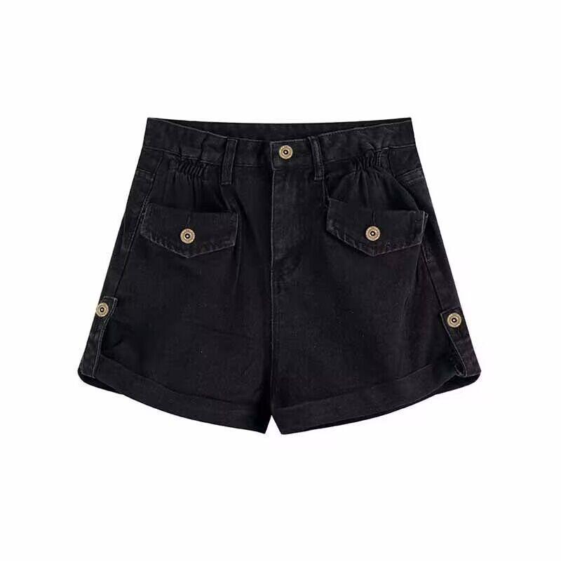 Women's High-Waisted Black Denim Shorts, Summer 2024, Loose A-Line Wide Leg Design, Small Size