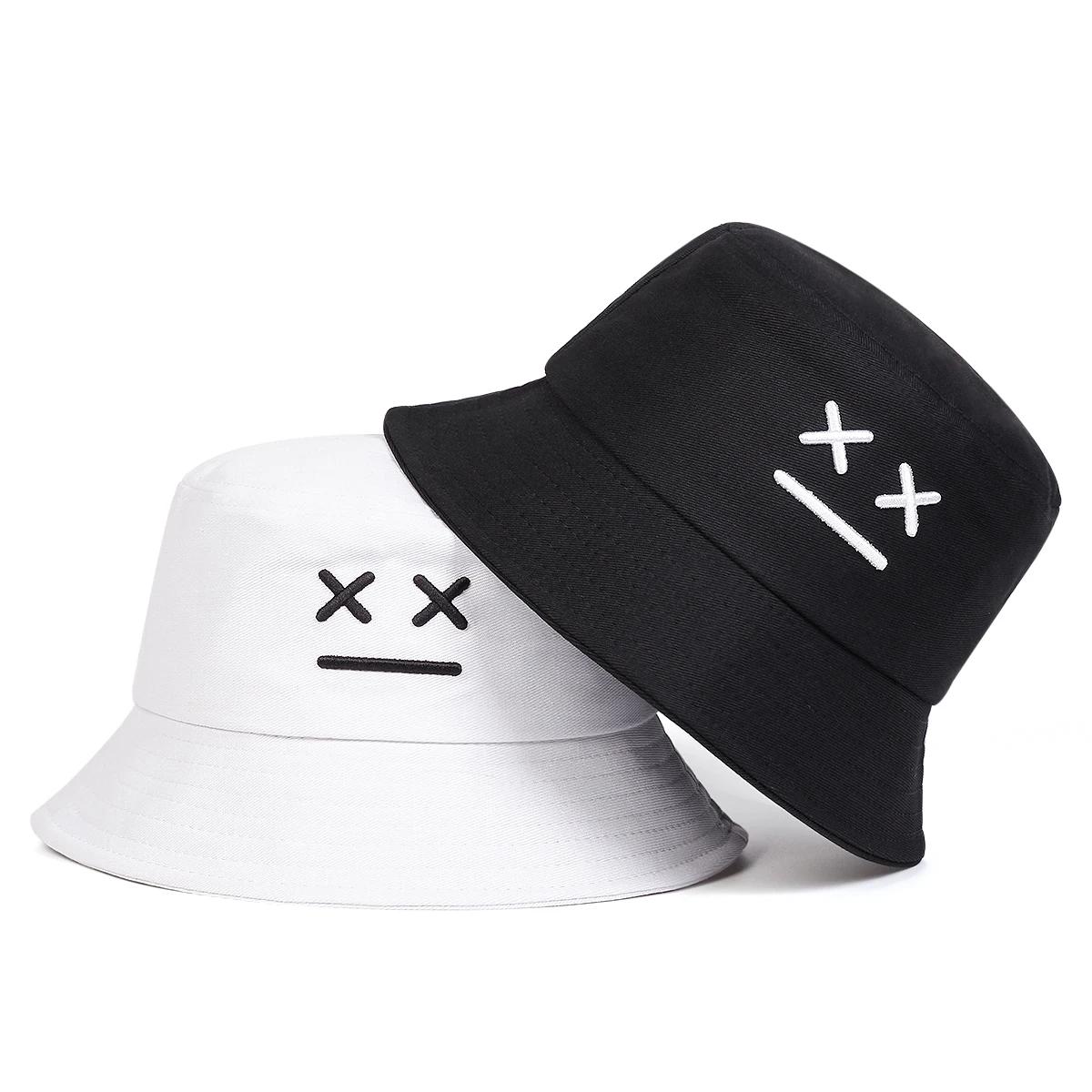Freedom Outdoors Women's Black Unisex Xx Smiling Face Embroidery Personality Bucket Hats Fishermen Caps Outdoor Casual Cap Sunscreen Hat
