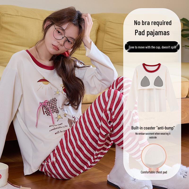 Women's Long-Sleeve Sweet Cartoon Homewear Set with Built-in Bra Pads - Spring/Autumn Cotton